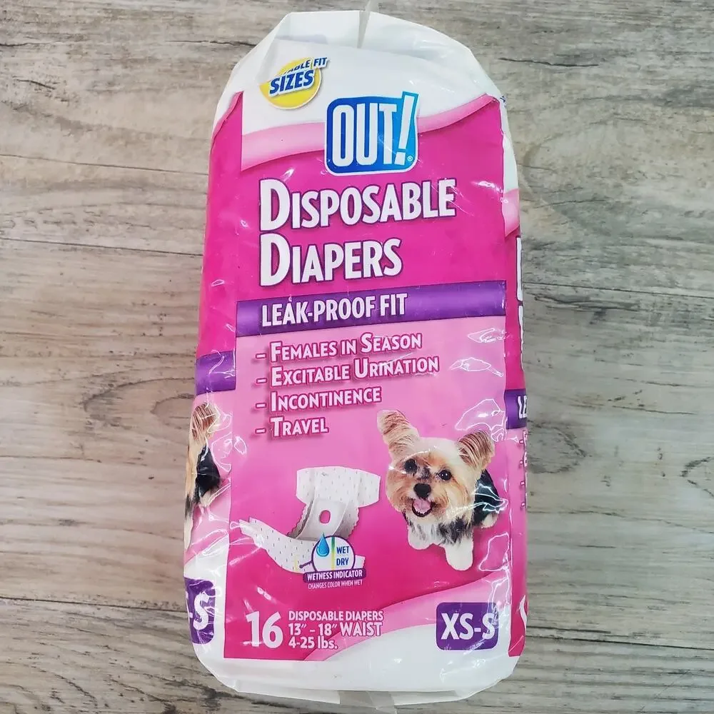 Out! XS/S Disposable Diapers Leak-Proof Fit for Female Dogs 16 Per Pack NEW